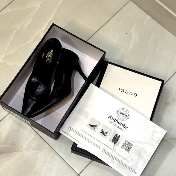 🔥 Rare Vintage 1980s Gucci Black Leather Box Toe Stiletto Slip-On Heels Pumps - Picture 9 of 9